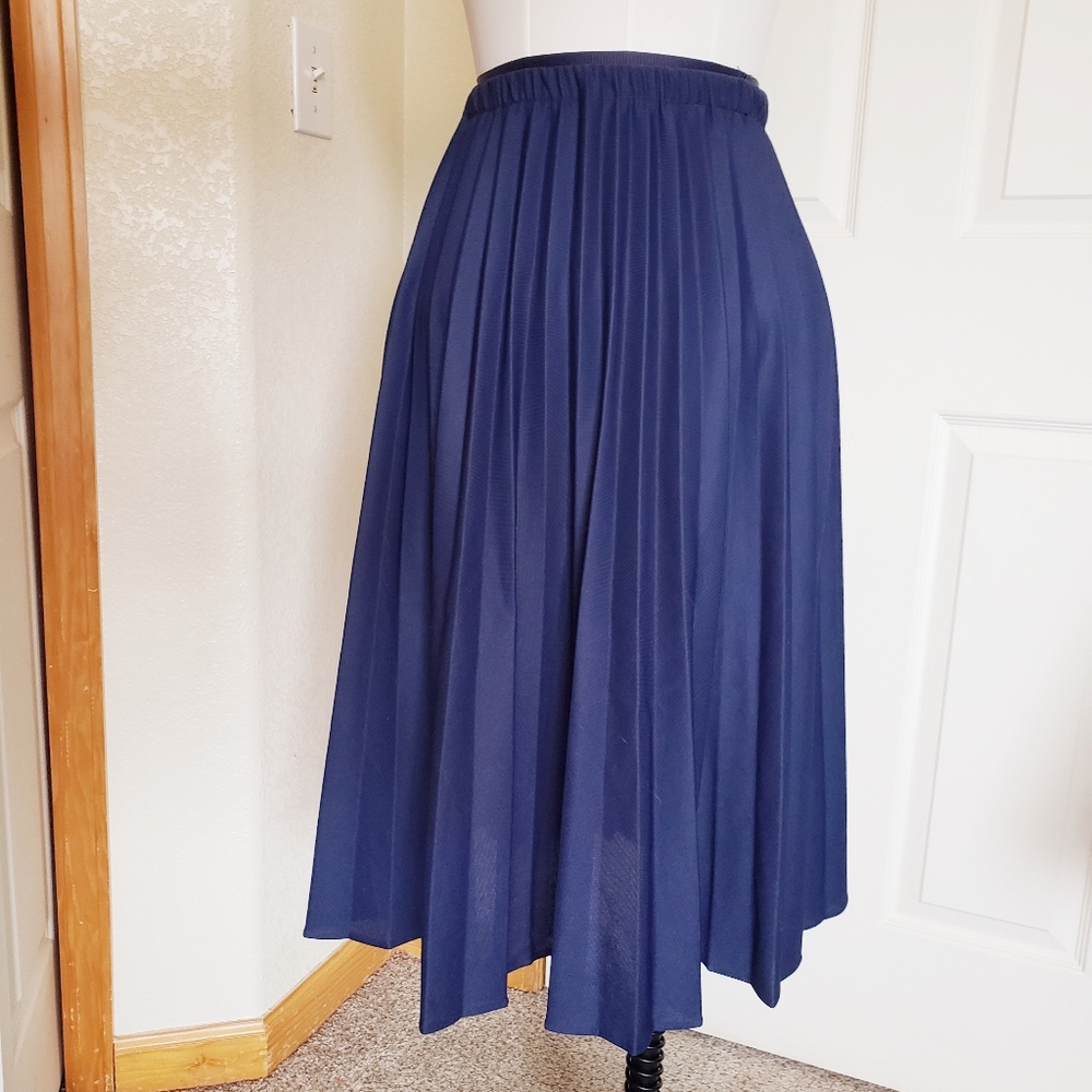 Vintage Dark Blue Permanent Pleated Midi Skirt